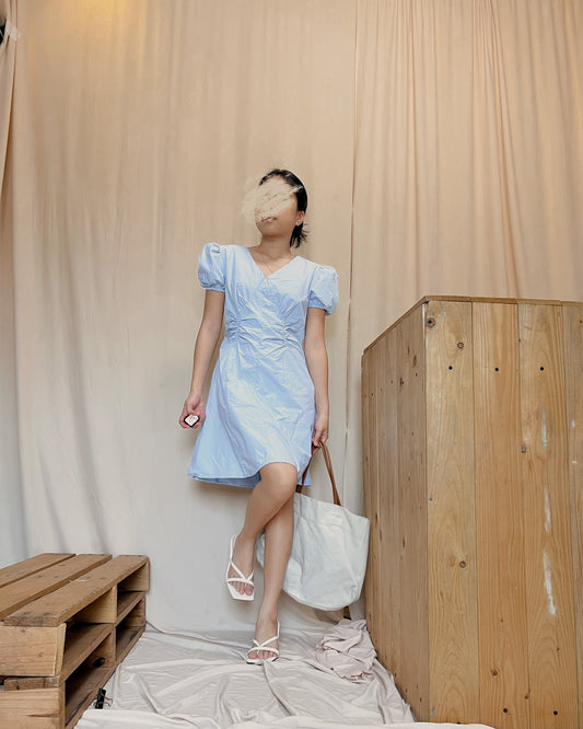 blue puff sleeves dress