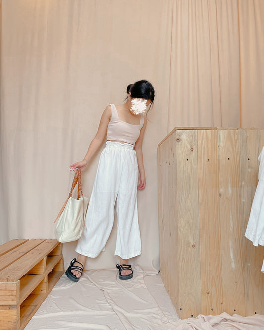 Linen ankle length white paper bag style pants c7
