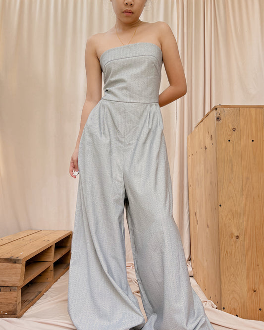 grey textured tube romper pants with oversize legs