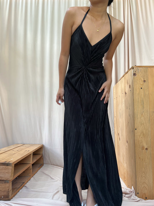 pleated maxi dress with spaghetti halter self tie strap and slit