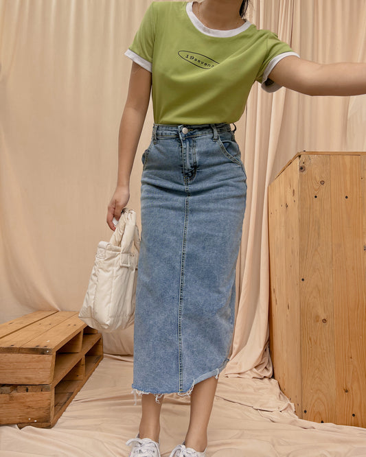 avocado green top with white hemline
