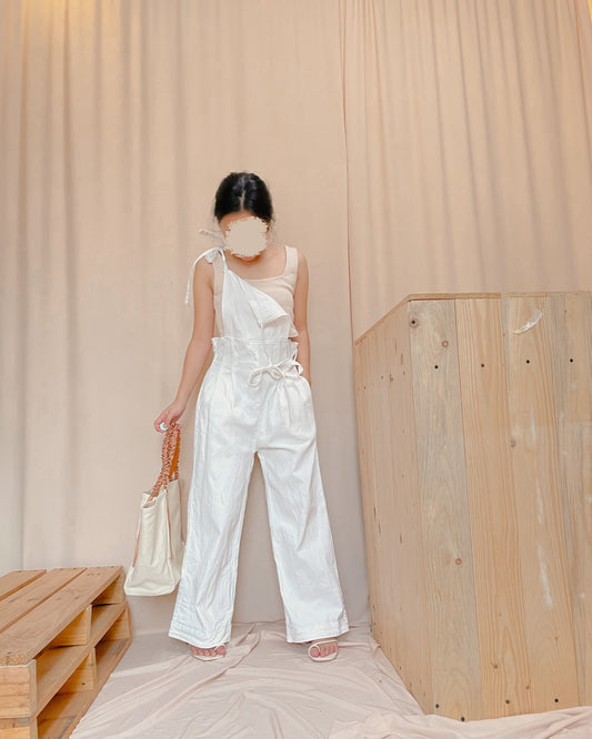 White denim self tie overalls