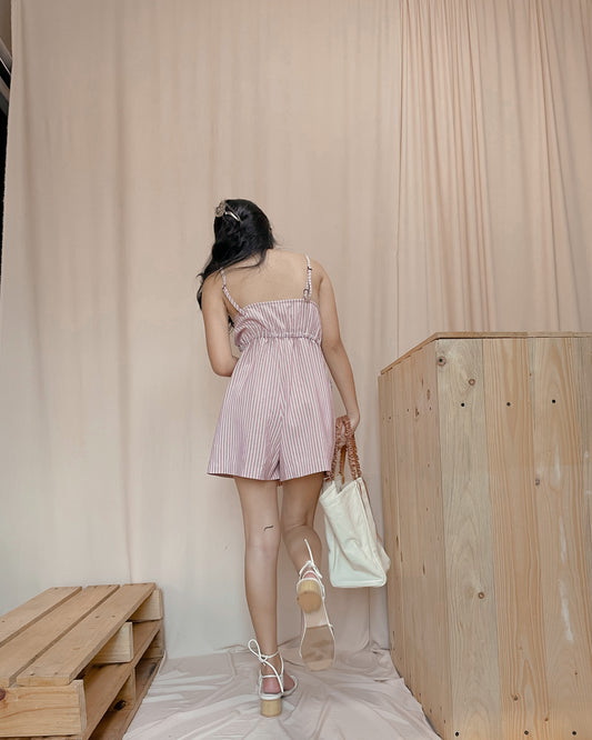 Linen stripes sleeveless romper shorts