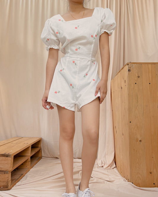 white romper shorts with cherry design