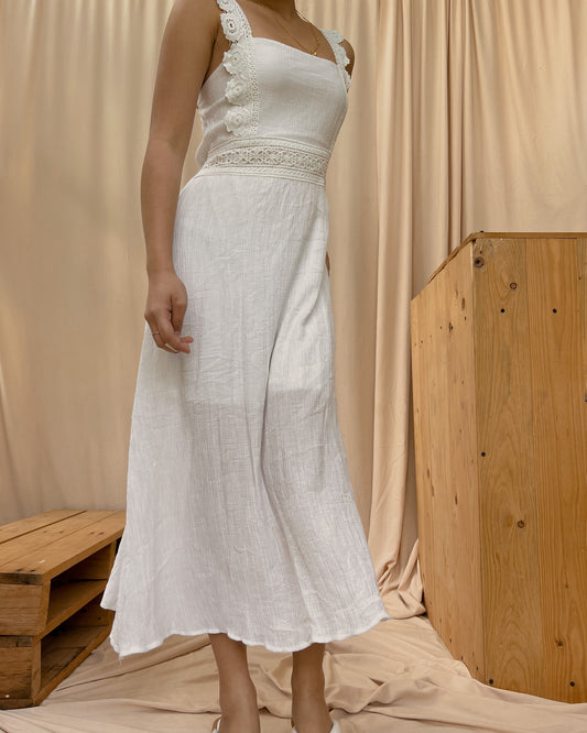 white pleated maxi dress with eyelet design