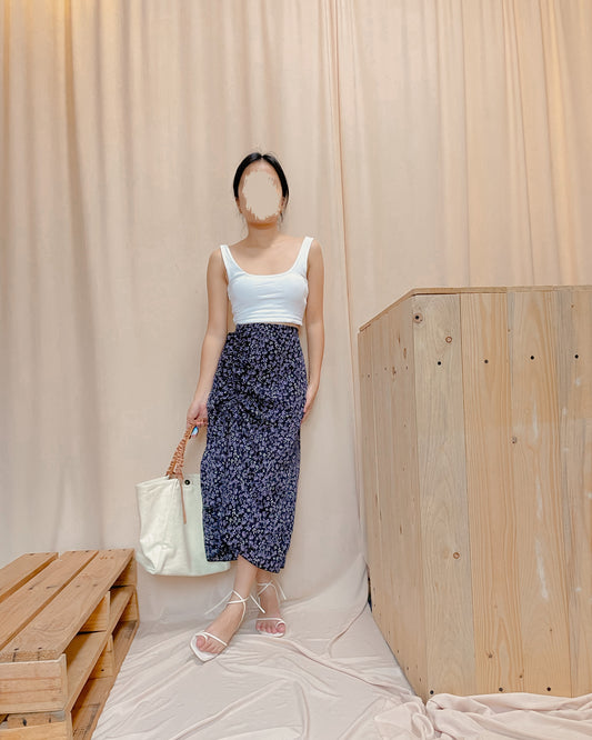Purple floral print skirt with ruching side slit