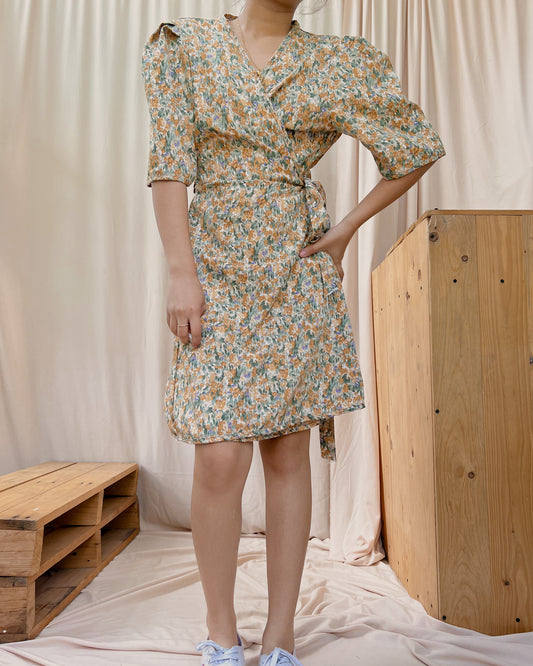 self tie floral dress with oversized sleeves