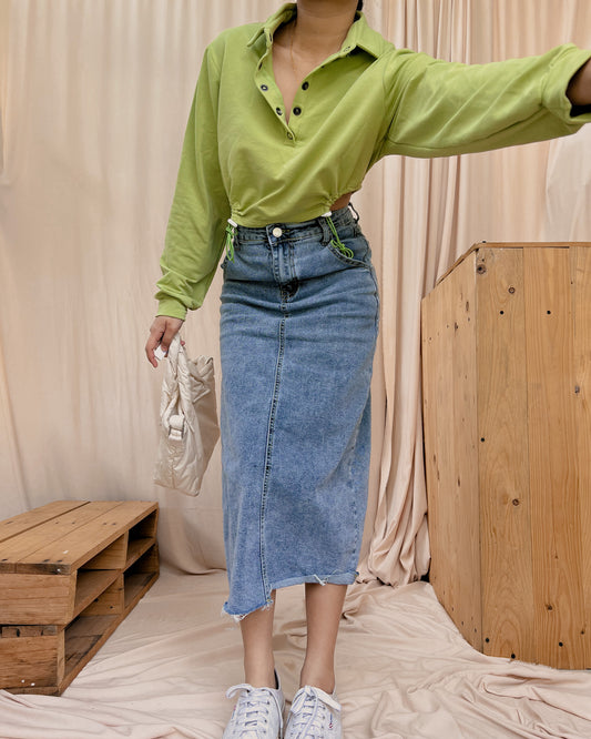 avocado green collared pullover with side cinched cut out