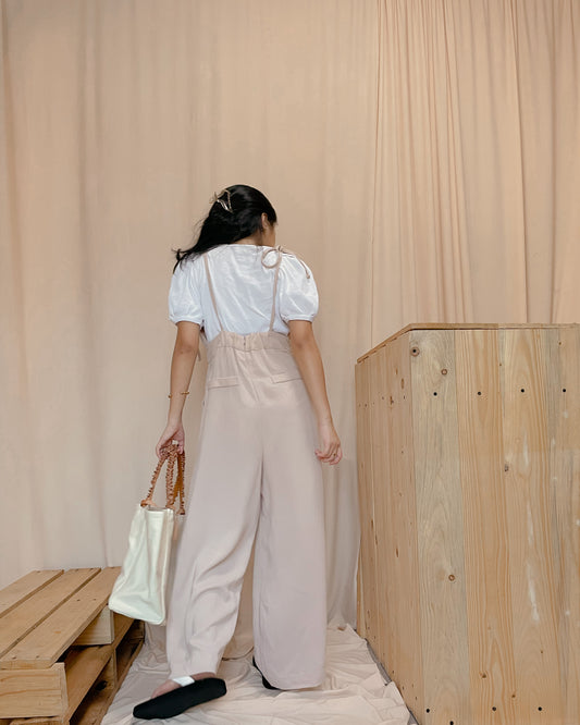 Nude flowy self tie overalls