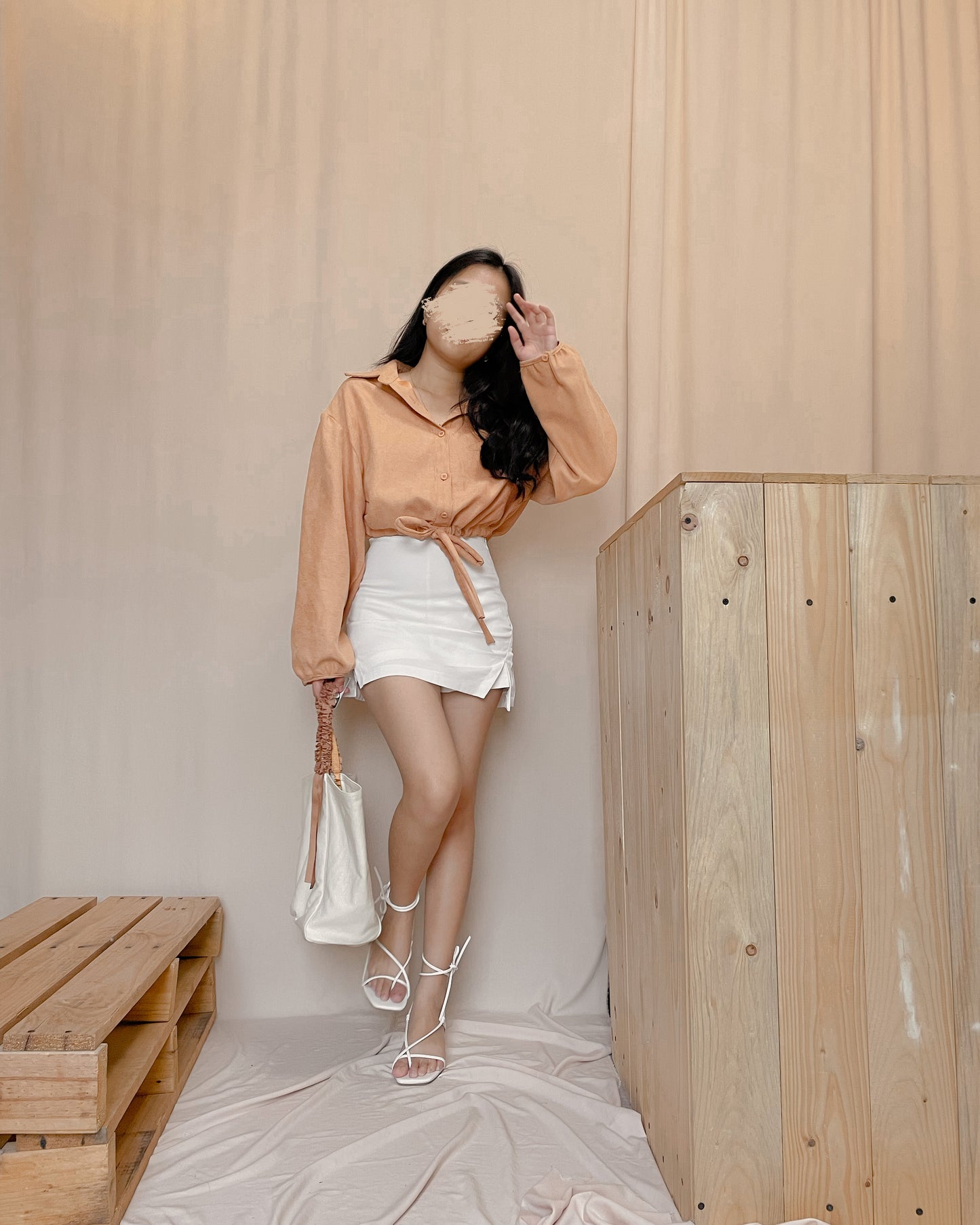 Peach suede crop top with long sleeves