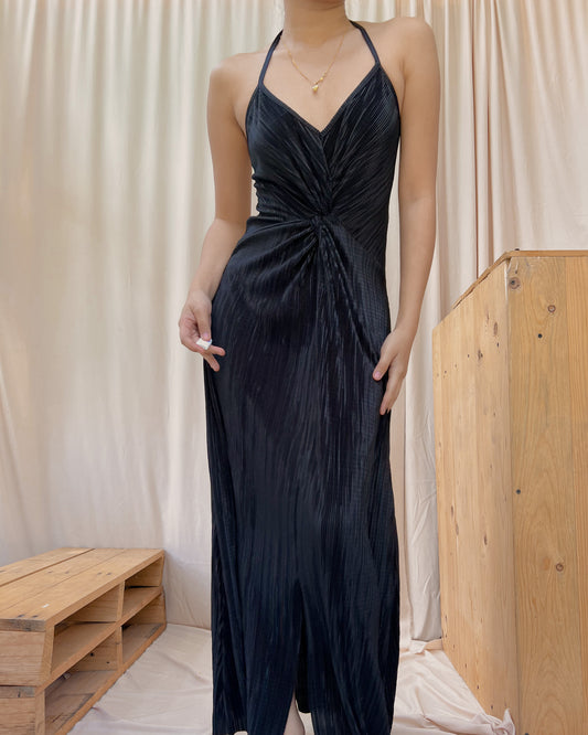 pleated maxi dress with spaghetti halter self tie strap and slit