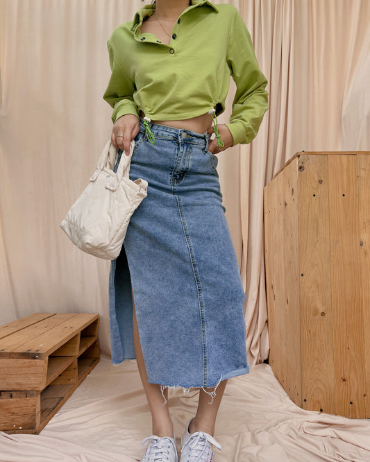 avocado green collared pullover with side cinched cut out