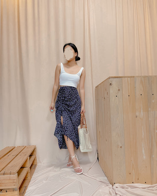 Purple floral print skirt with ruching side slit