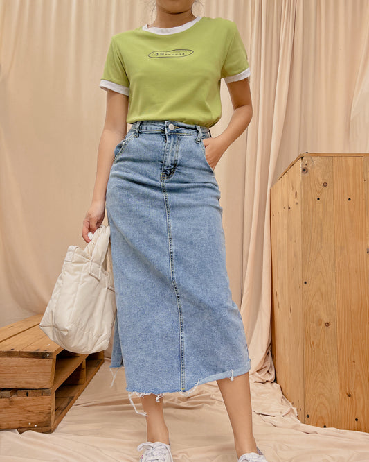 avocado green top with white hemline