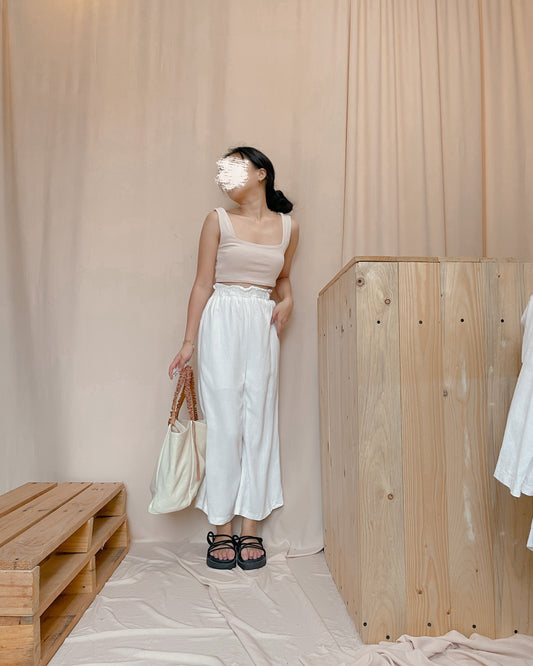 Linen ankle length white paper bag style pants c7