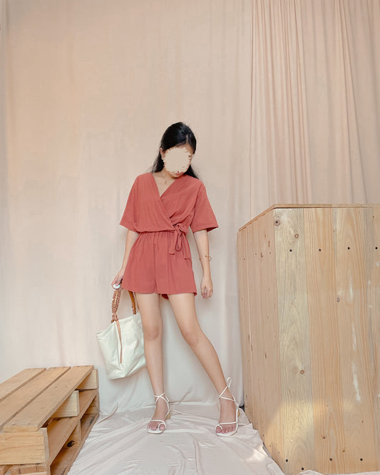 Linen red wrap around romper shorts