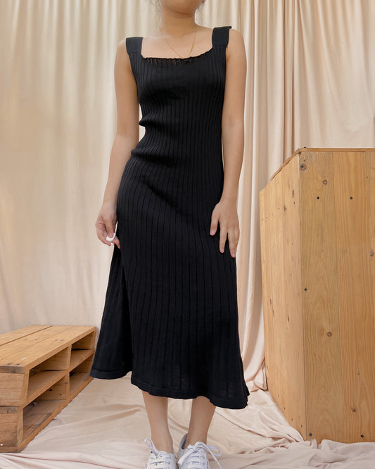 black squareneck ribbed knit dress