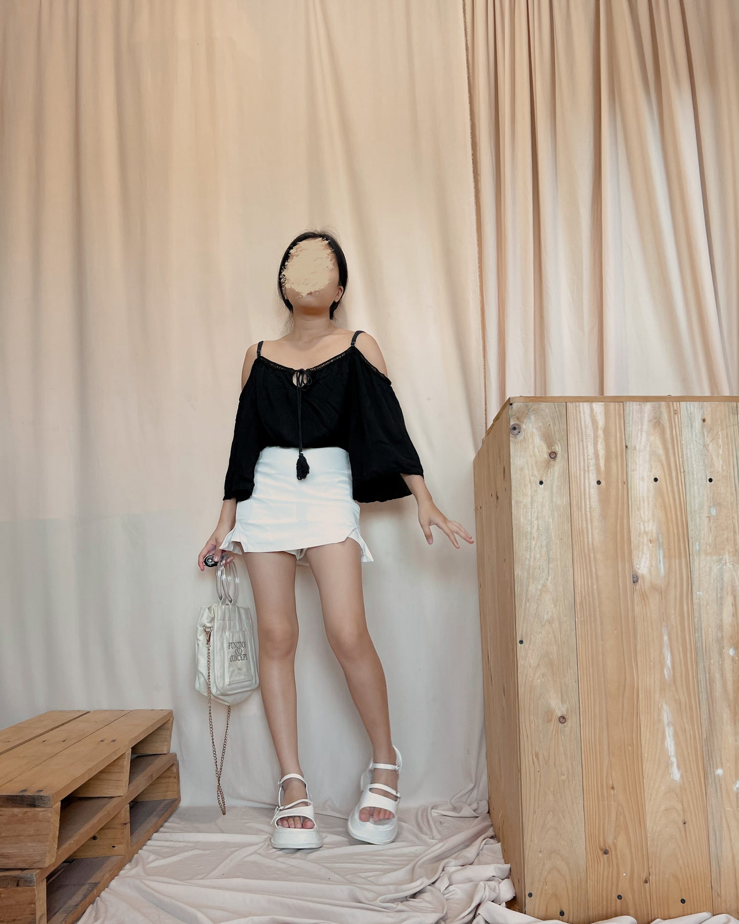 black off shoulder top with front tie
