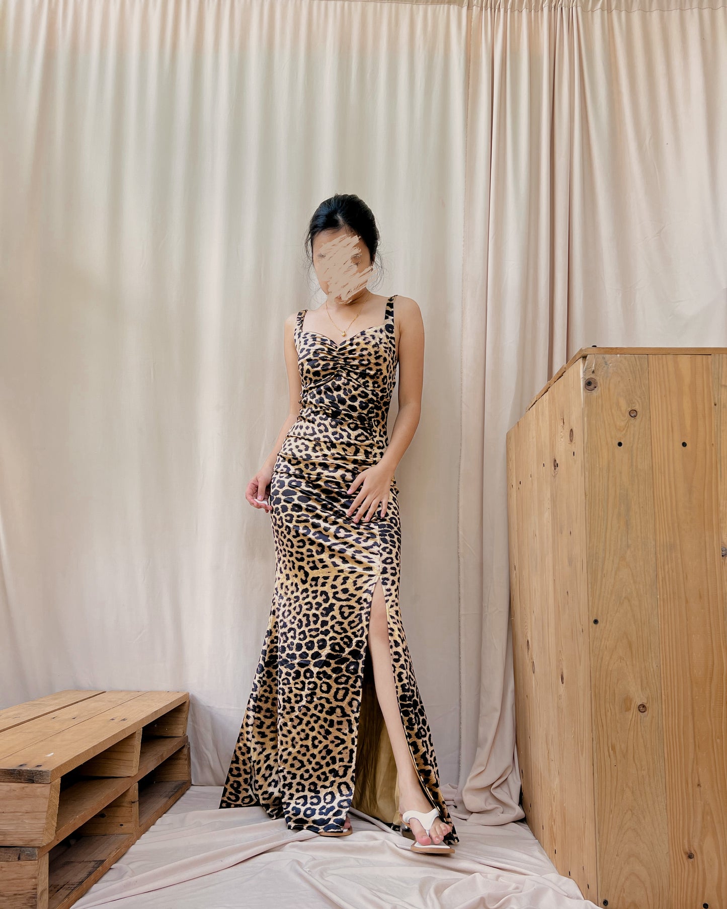 animal printed maxi dress with bust ruching and slit