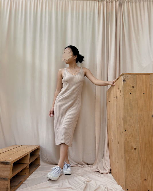 nude colored v neck ribbed knit dress