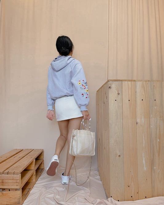 Suede blue violet hoodie with flower embroidery