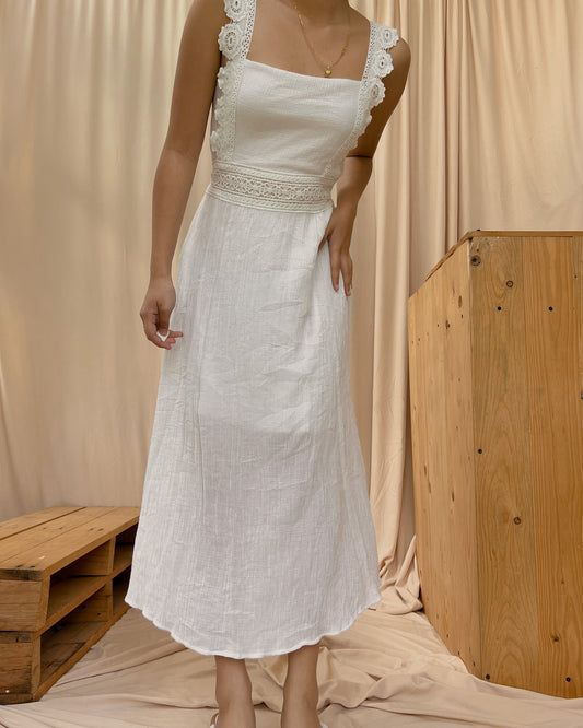 white pleated maxi dress with eyelet design