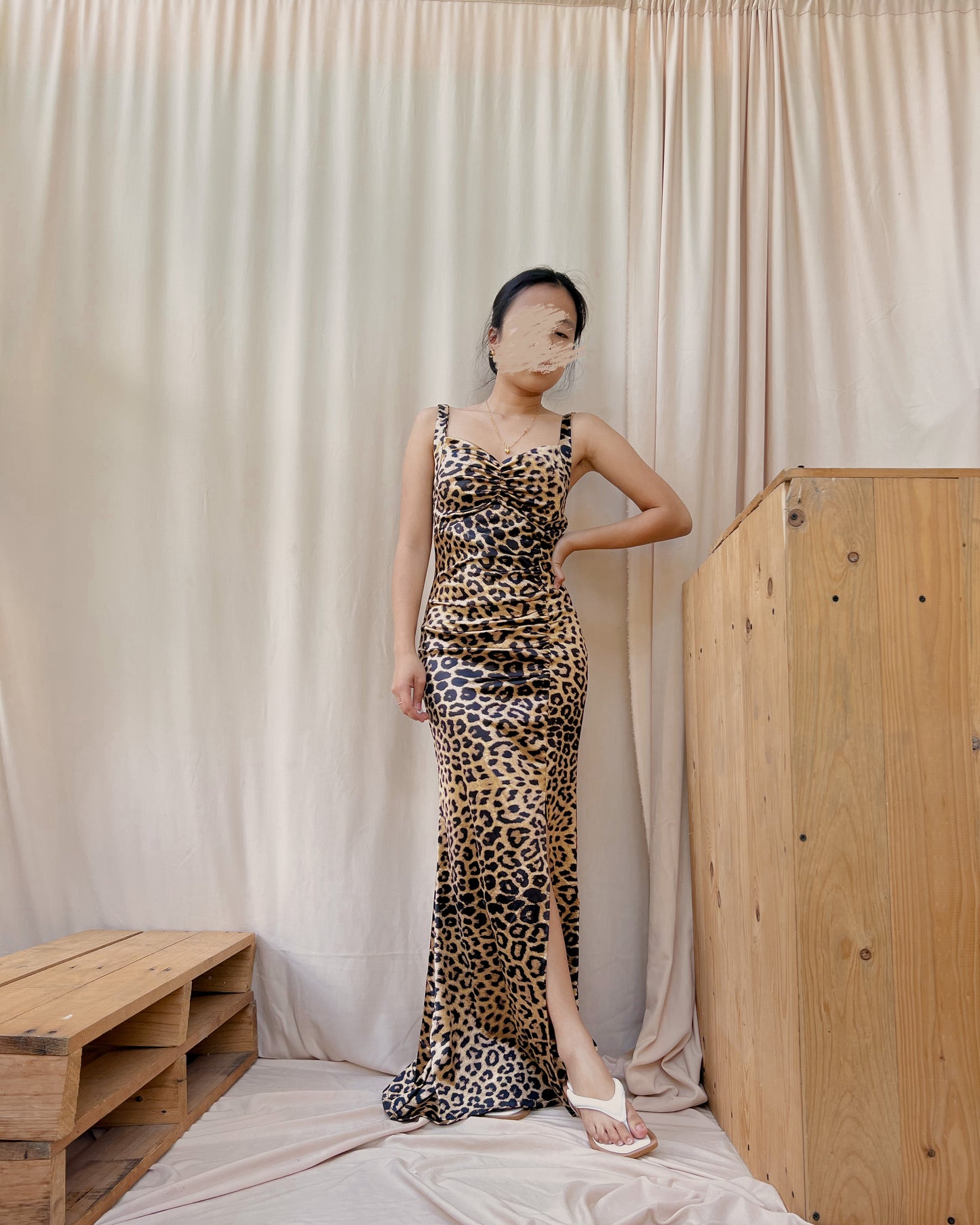 animal printed maxi dress with bust ruching and slit
