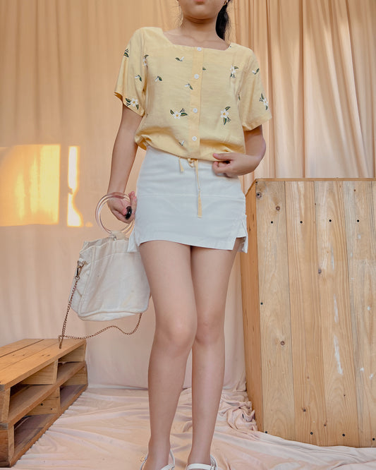 yellow square neck linen top with flower prints