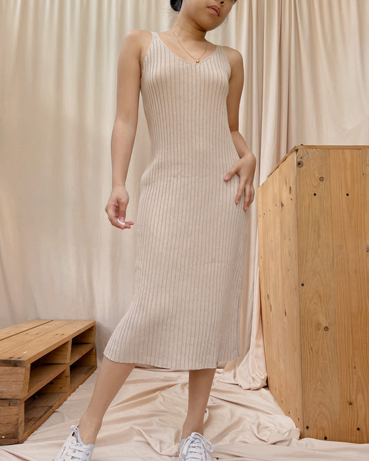 nude colored v neck ribbed knit dress