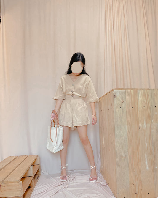 Cotton linen button down romper shorts with detachable belt tie