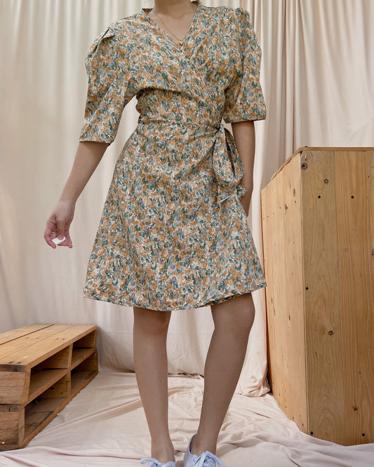 self tie floral dress with oversized sleeves