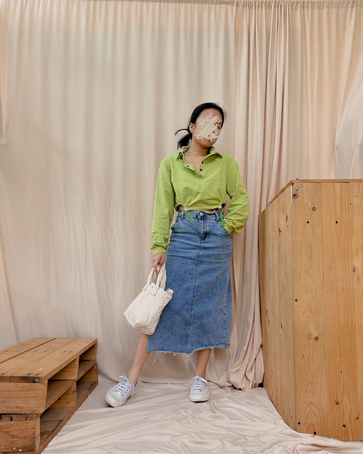 avocado green collared pullover with side cinched cut out