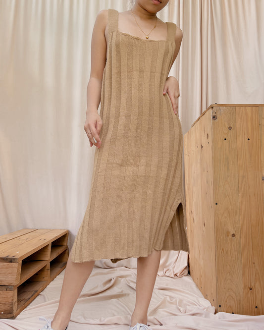 brown squareneck knitted dress