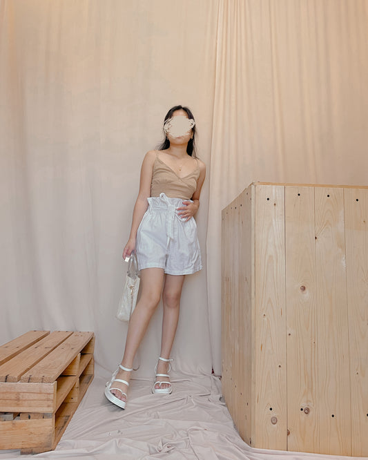21. linen white paper bag shorts with front tie B14