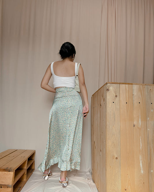 ZARA yellow green maxi skirt with orange flower prints B19