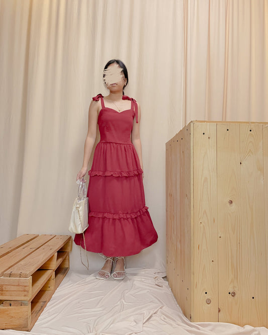 Red smocking back self tie tiered dress