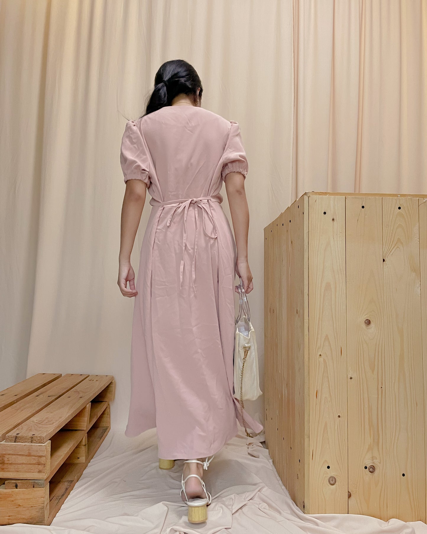 Pastel pink button down maxi dress with back tie