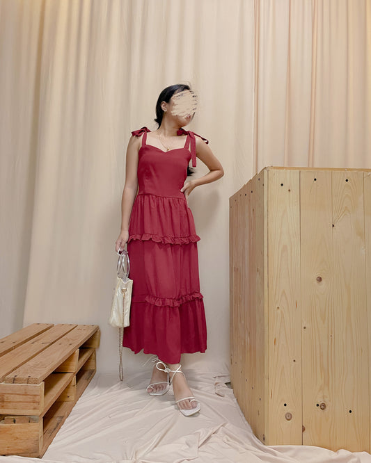 Red smocking back self tie tiered dress