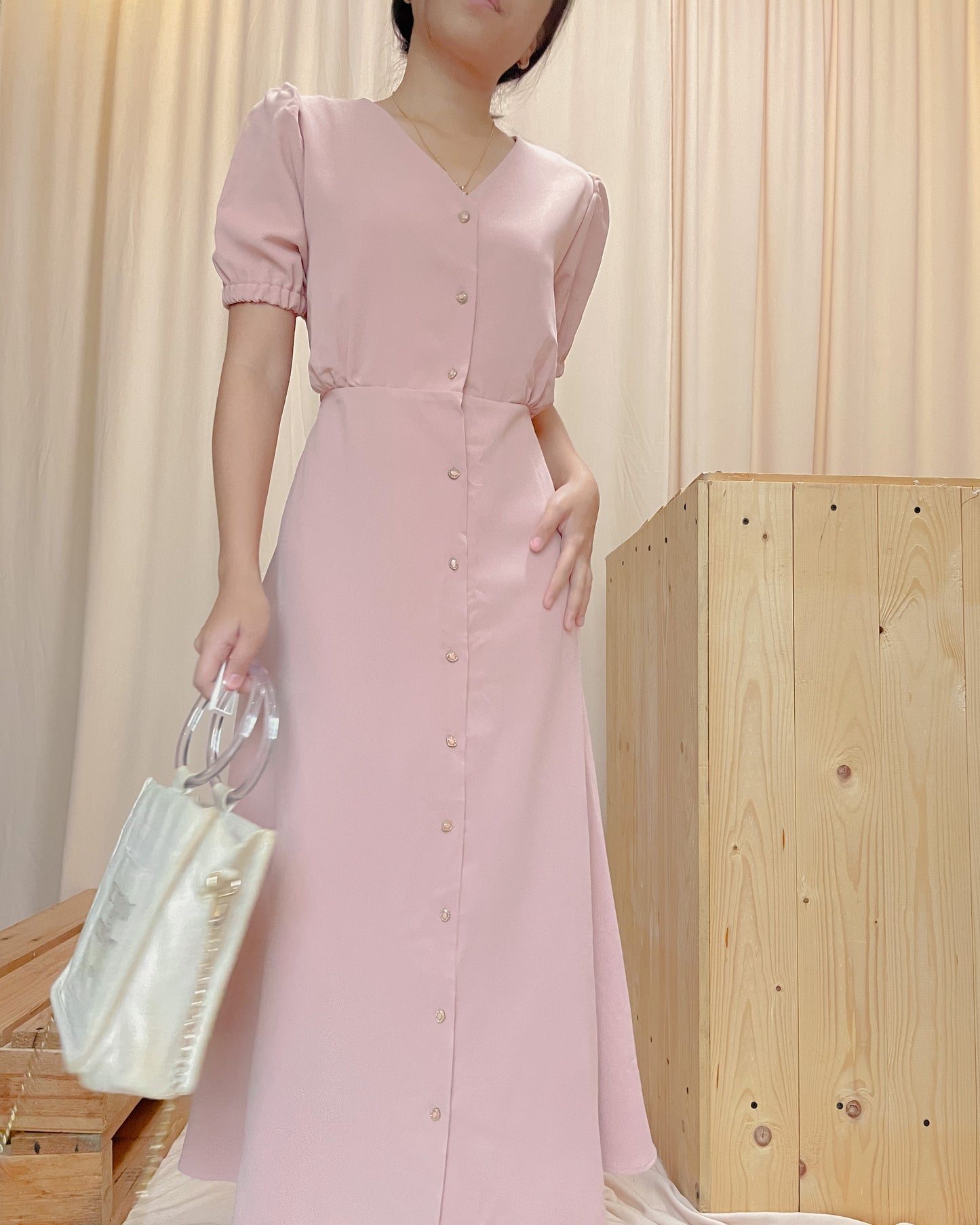 Pastel pink button down maxi dress with back tie