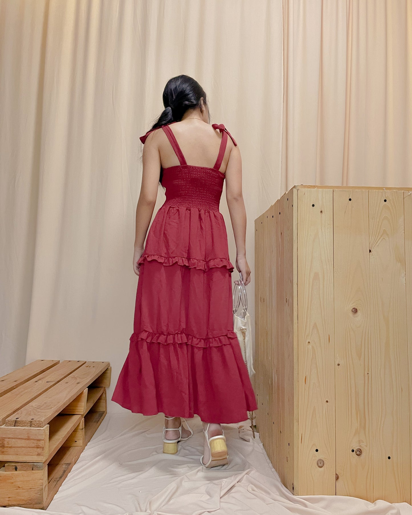 Red smocking back self tie tiered dress