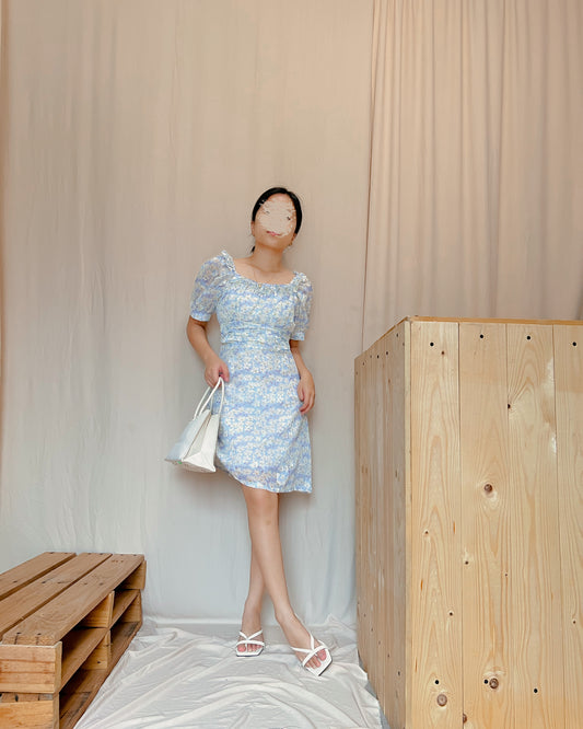 sky blue mini dress with white flower prints