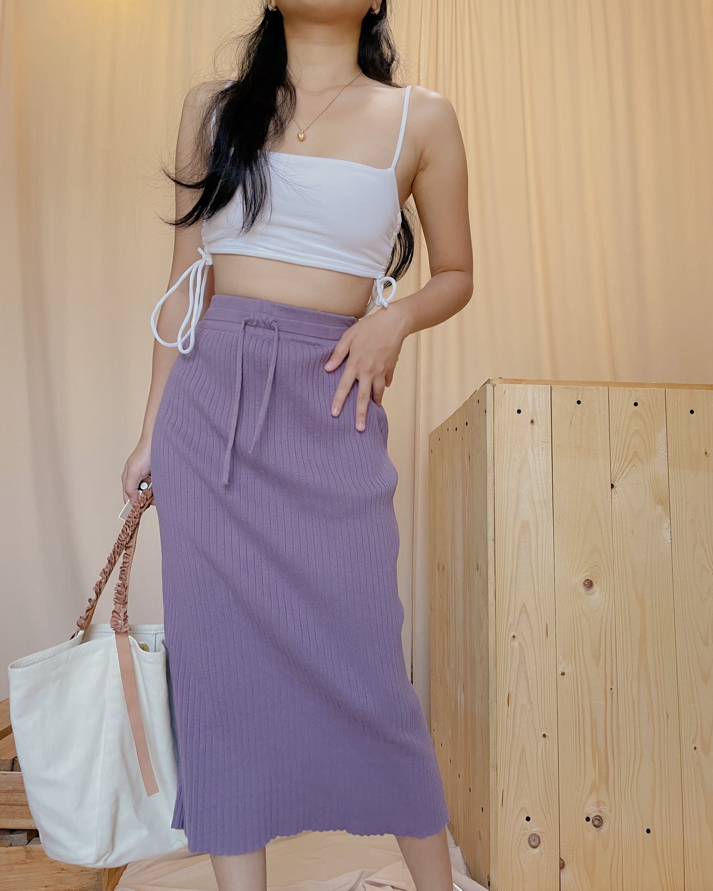 31. violet ribbed knit midi skirt with front tie A23
