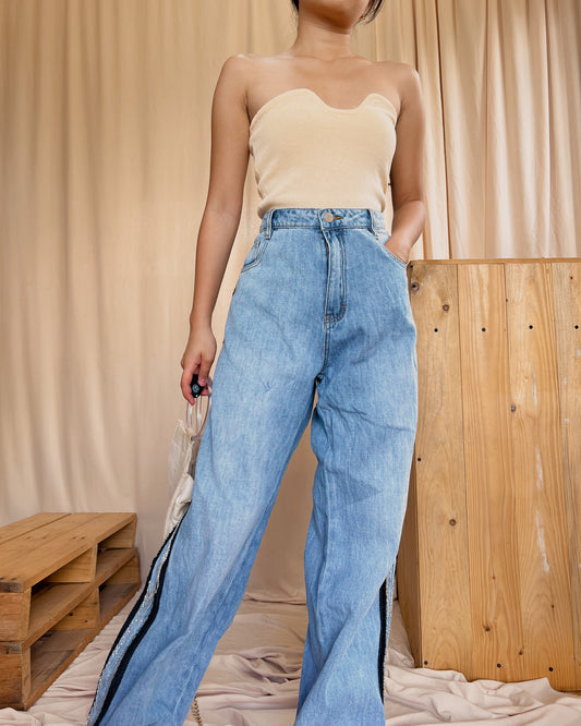 Denim wide leg pants with side sparkly detail N3