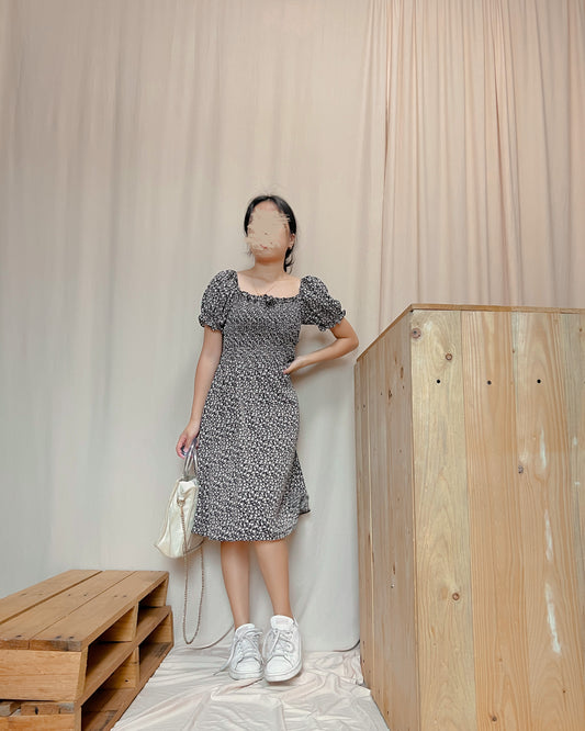 black floral smock midi dress