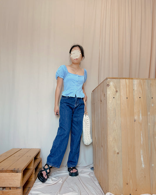 blue button down square neck top with flared hemline