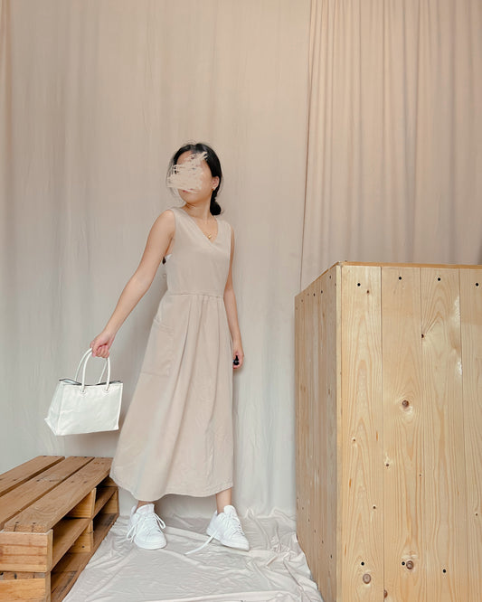 linen light brown v-neck mido dress