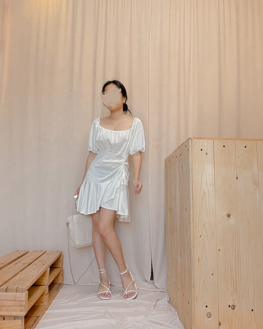 White cotton puff sleeve dress with ruching front design
