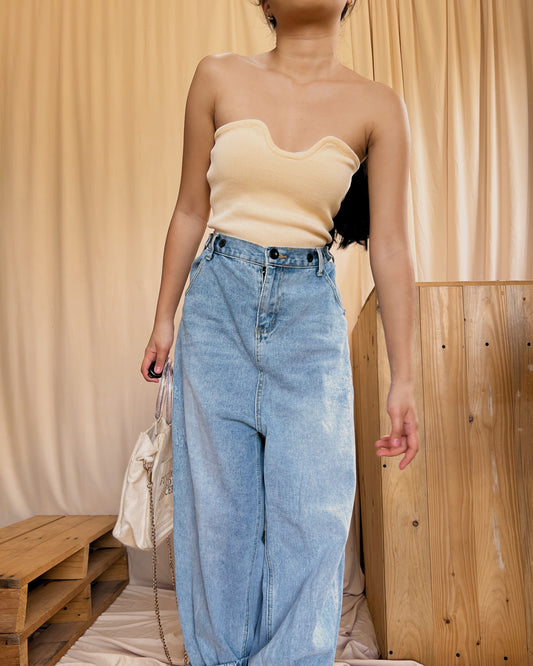 Denim multiple button hem design wide leg pants N7
