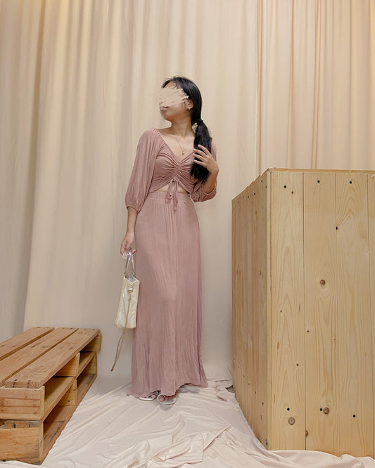 Pink cotton puff sleeve dress with ruching front design