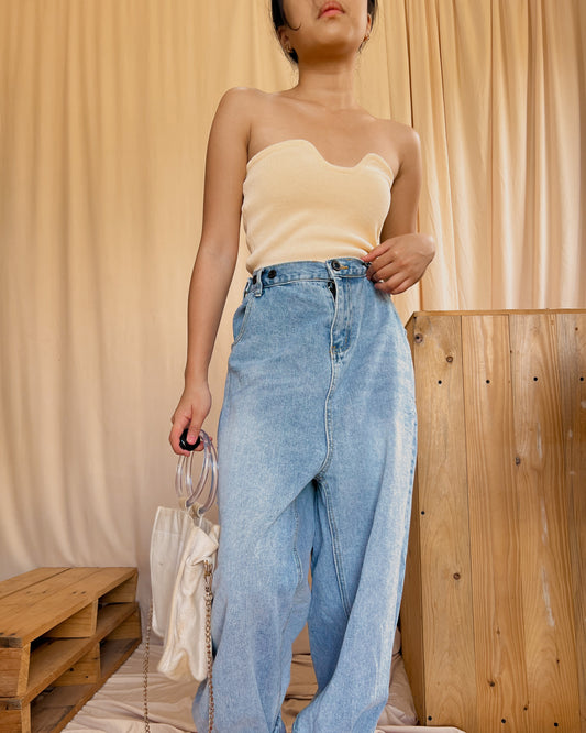 Denim multiple button hem design wide leg pants N7